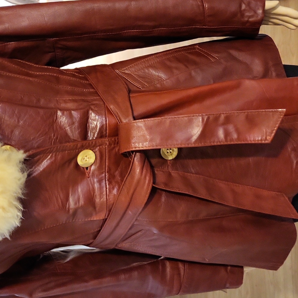 Vintage 70s Elegant Leather Women's Jacket Penny Lane Fur Collar  S  Burgundy** - Picture 6 of 16